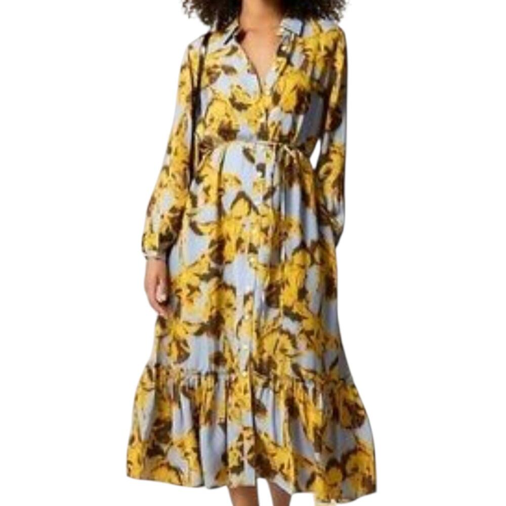 J Crew Amelia Midi Shirt Dress Drapey Floral Button Down Blue Yellow Medium